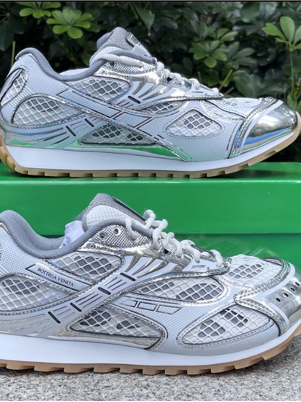 Bottega Veneta Silver and White Mesh Runner Sneakers